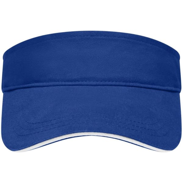 A blue sandwich sunvisor with a wide brim and a white underside. It features a logo on the front.