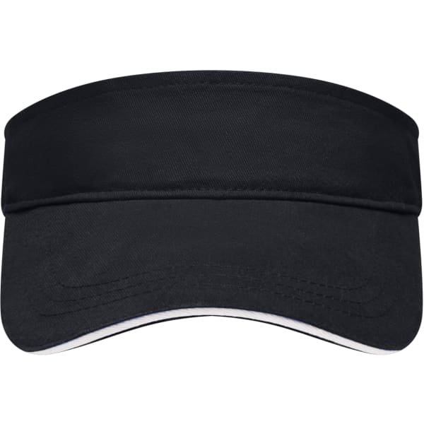 A black sun visor with a wide brim and white accents, featuring a logo on the front.