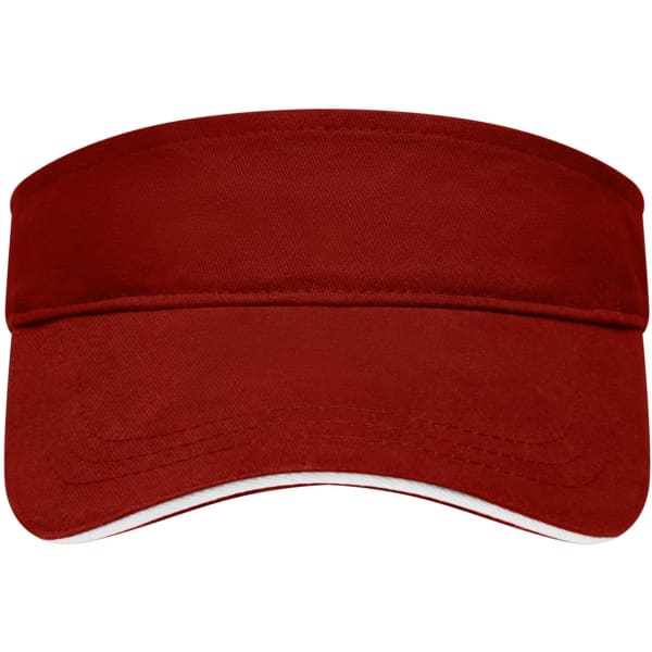 A red sandwich sunvisor with a wide brim and a white underside, featuring a logo on the front.