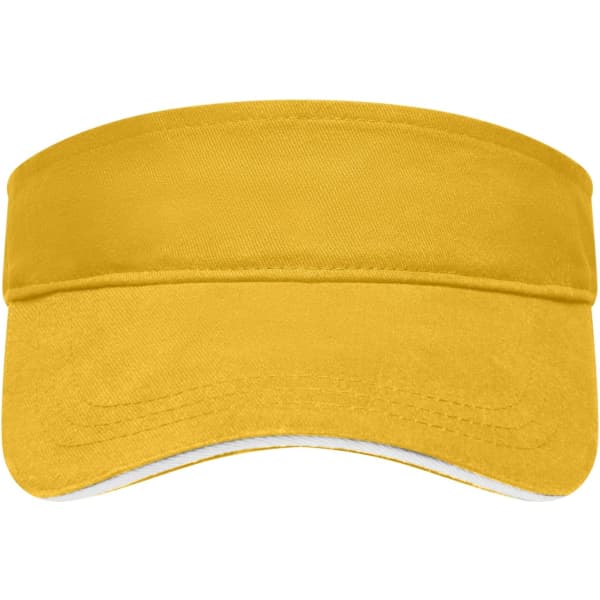 A yellow sun visor features a wide brim and a soft fabric texture, with an inner lining. It includes a logo.