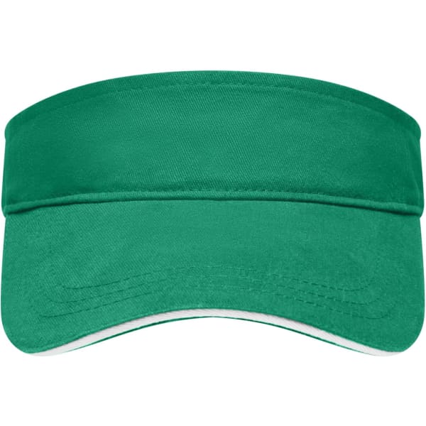 A green sun visor with a wide brim and a logo on the front. The visor is made of fabric material.