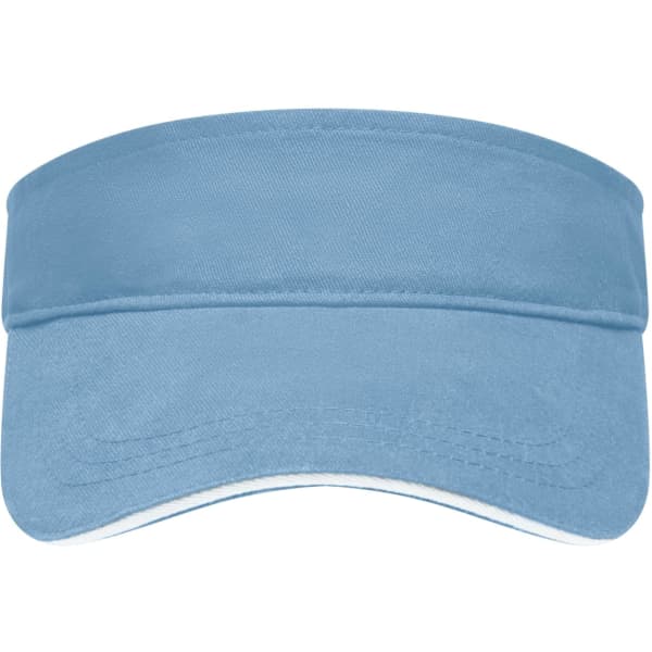 A blue sun visor with a wide brim and a smooth fabric finish, featuring a logo on the front.