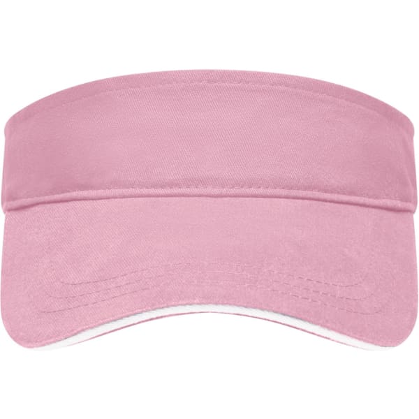 A pink sunvisor featuring a wide brim and an adjustable strap at the back, with a logo on the front.