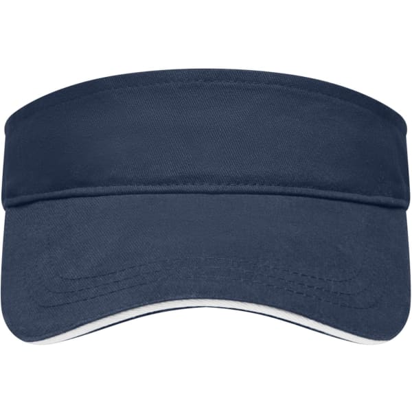 A navy blue sun visor with a wide brim and an adjustable strap at the back. Features a simple design.