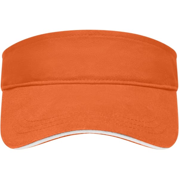An orange sun visor featuring a wide brim and a solid design, with a logo on the front.