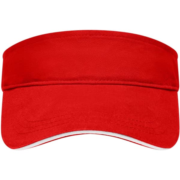 A red sunvisor with a wide brim and a smooth fabric texture, featuring a logo on the front.