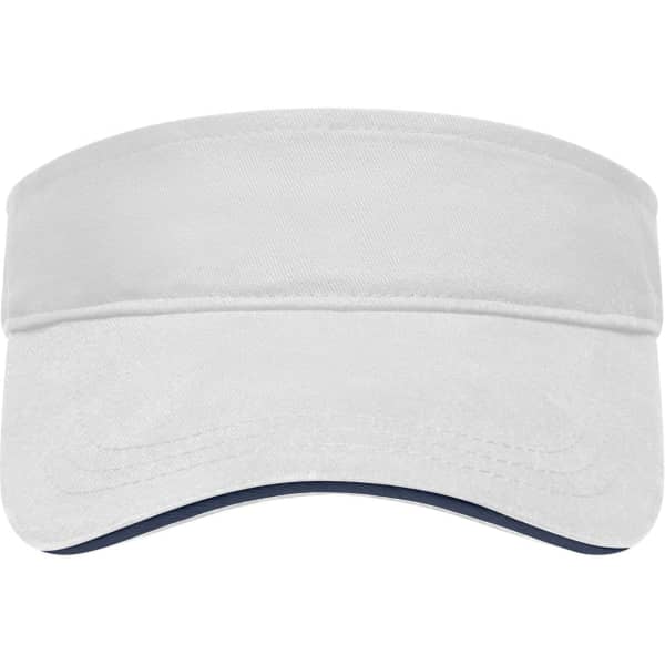 A white visor hat with a blue underside, featuring a logo on the front.