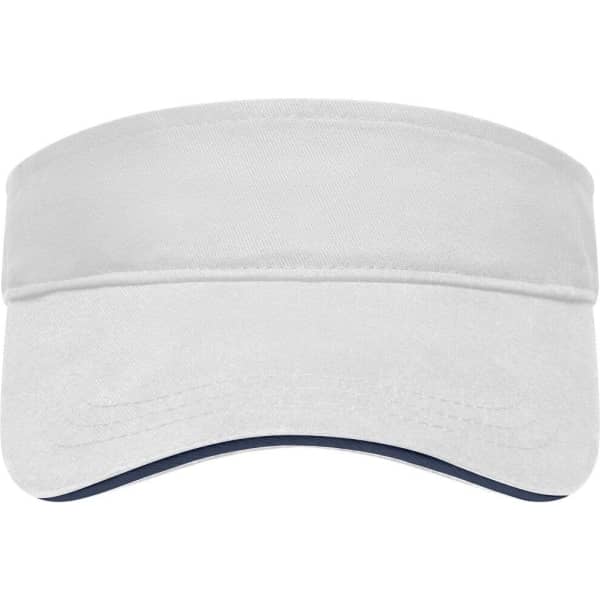 A white sun visor with a navy trim, featuring a solid design and a curved brim. It has a logo on the front.