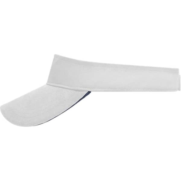 A white sun visor with a blue underside, featuring a logo on the band.