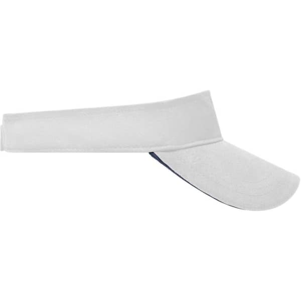 A white sun visor with a wide brim and an adjustable strap, featuring a logo on the side.