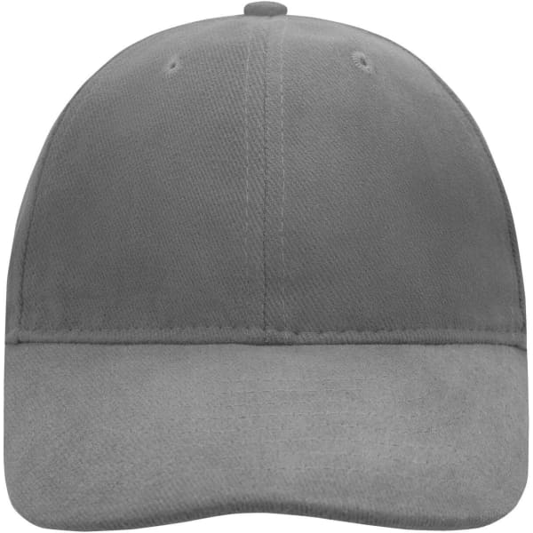 A grey 6 Panel Softlining Raver Cap featuring a logo, designed with a soft fabric for comfort.