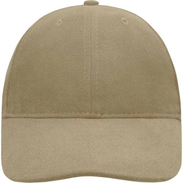 A soft lining raver cap in a light beige colour with a curved brim and a logo on the front.