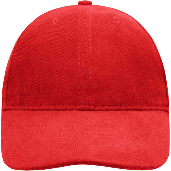 A red 6 panel softlining raver cap with a plain design and an understated logo on the front.