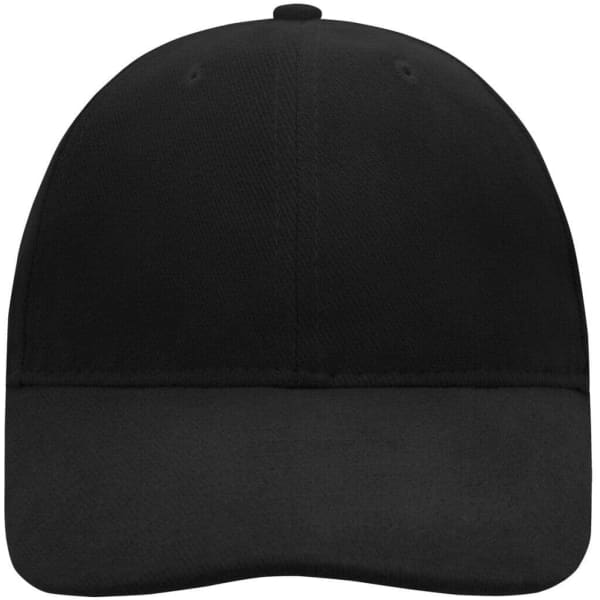 A black 6-panel cap with a soft lining and a rounded peak, featuring a logo on the front.
