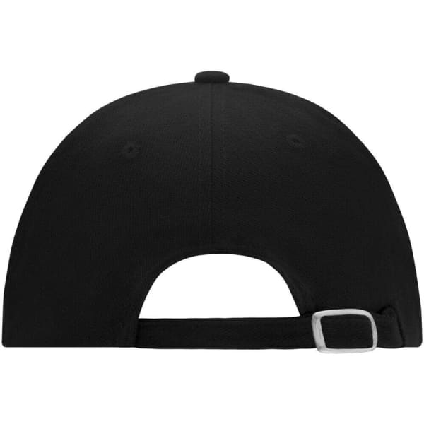 A black six-panel cap featuring a soft lining and an adjustable strap at the back. Includes a branding logo.