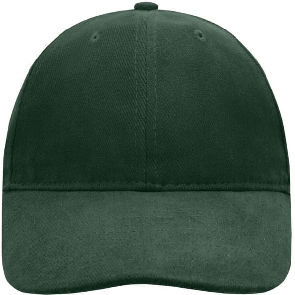 A dark green 6 panel cap with a smooth finish and a logo on the front.