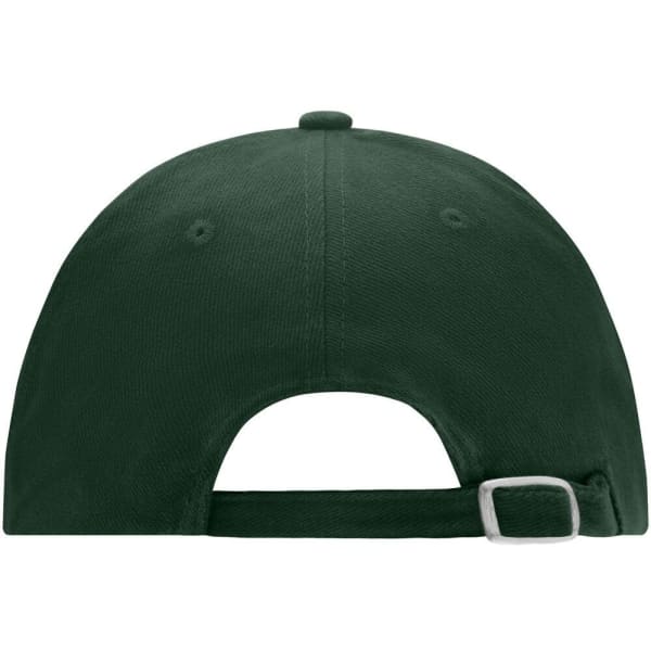 A dark green 6 panel cap featuring a back strap for adjustable sizing and a branding logo.