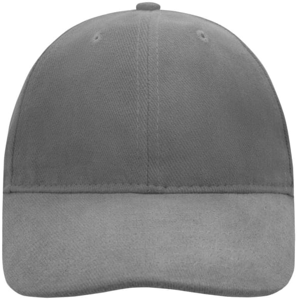A grey 6 panel cap with a soft lining, featuring a curved brim and a logo on the front.