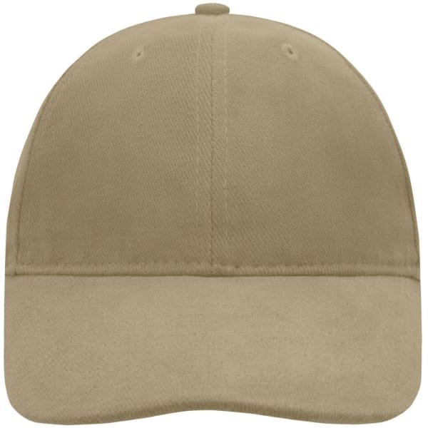 A tan six-panel cap with a soft lining and a curved brim, featuring a logo on the front.