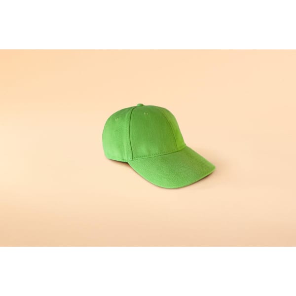 A green 6 panel cap featuring soft lining, designed for casual headwear. It includes a logo on the front.