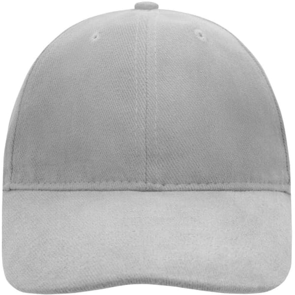 A grey 6-panel cap with a soft lining, featuring a logo on the front.