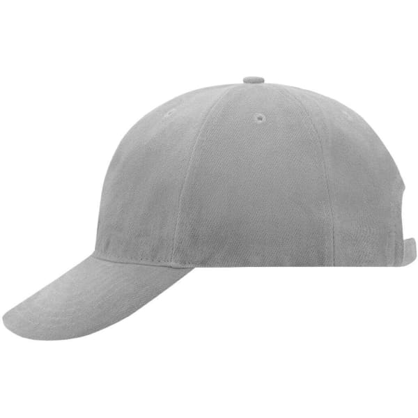 A grey 6 panel cap with a soft lining and a curved brim, featuring a logo on the front.