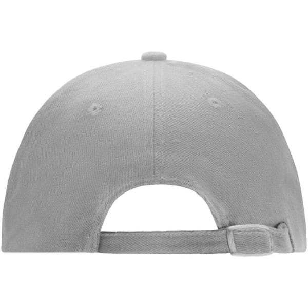 A grey 6 panel softlining raver cap featuring a buckle strap and a slightly curved brim. It has a logo on the back.