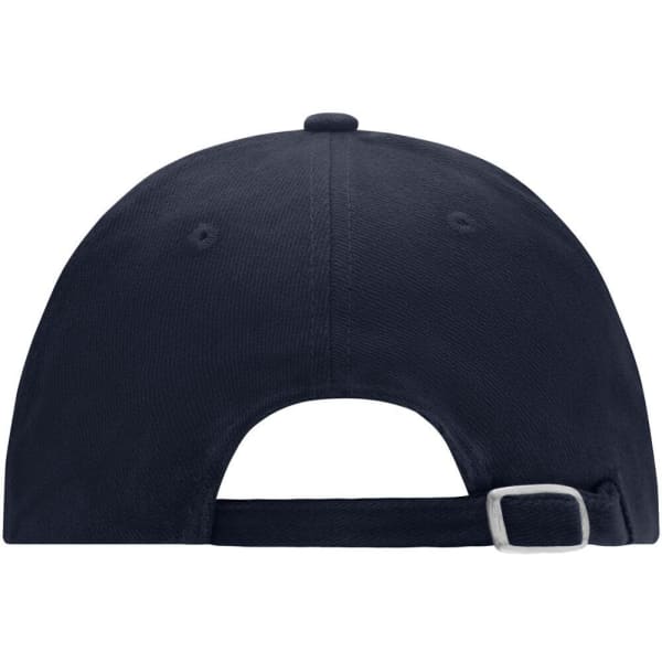 A navy blue 6-panel cap featuring a strap back closure and a small logo on the side.