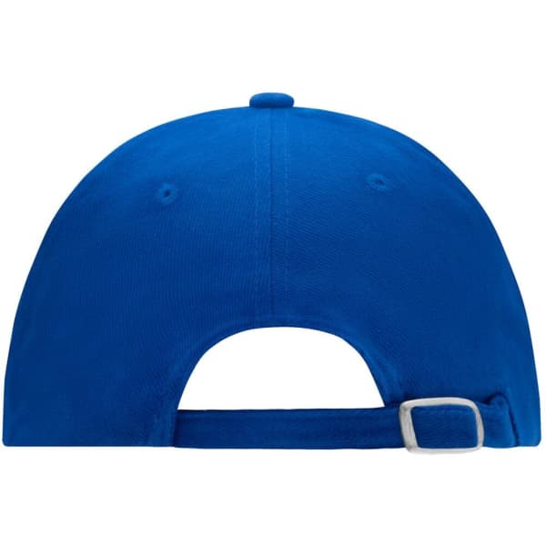 A blue 6 Panel Softlining Raver Cap with an adjustable strap at the back and a logo.
