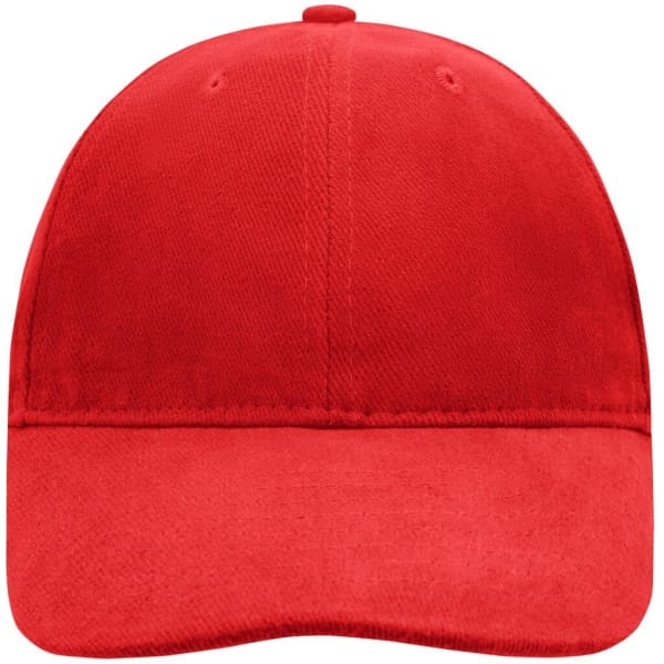 A red 6-panel cap with a soft lining and a logo on the front.