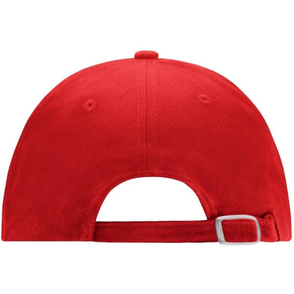A red 6 panel softlining cap featuring an adjustable strap at the back and a branding logo.