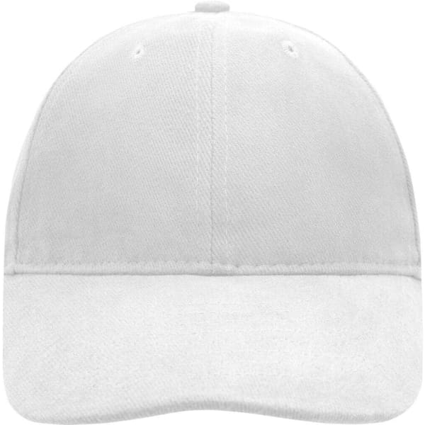 A white 6-panel soft lining raver cap with a logo on the front.