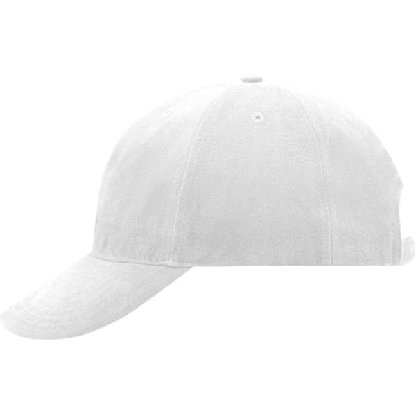 A white 6-panel cap with a soft lining and a curved peak, featuring a logo on the side.