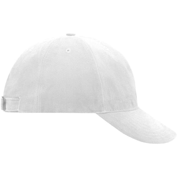 A white six-panel cap with a soft lining and an adjustable back strap, featuring a logo.