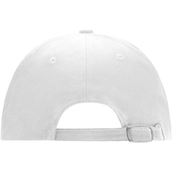 A white 6 Panel Softlining Raver Cap featuring a back closure and ventilation eyelets. It has a logo on the back.