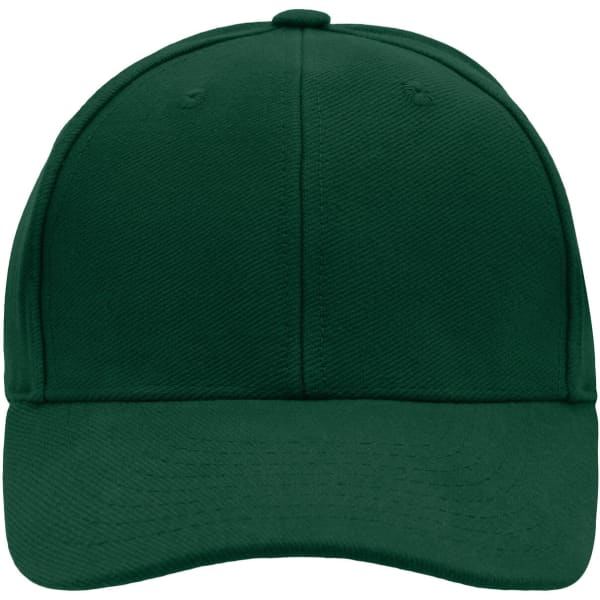 A dark green 6 panel cap with a rounded crown and a curved brim. It features a logo on the front.