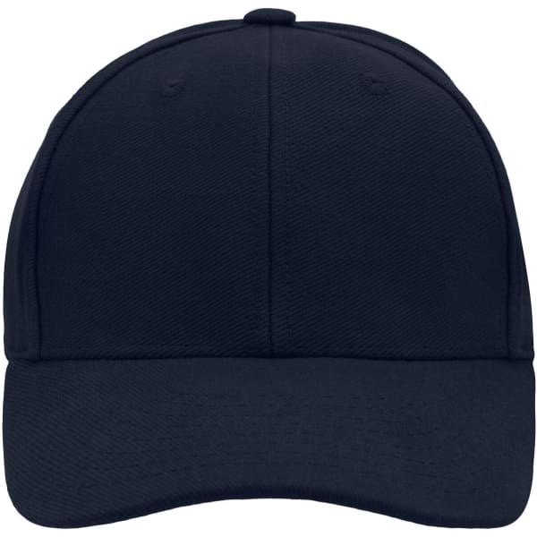 A navy blue 6 Panel Raver Cap with a structured design and a logo on the front.