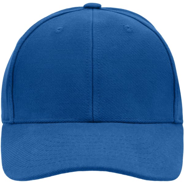 A blue 6-panel cap with a curved brim and an adjustable strap, featuring a logo on the front.