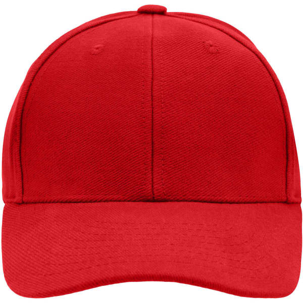 A red 6-panel cap with a curved brim and a logo on the front. Suitable for casual headwear.