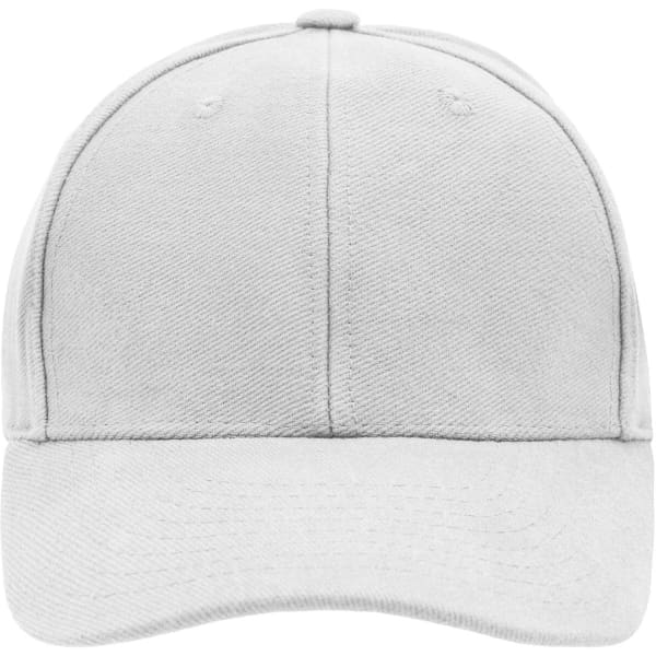 A white 6 panel raver cap featuring a structured design and a curved peak. It has a logo on the front.