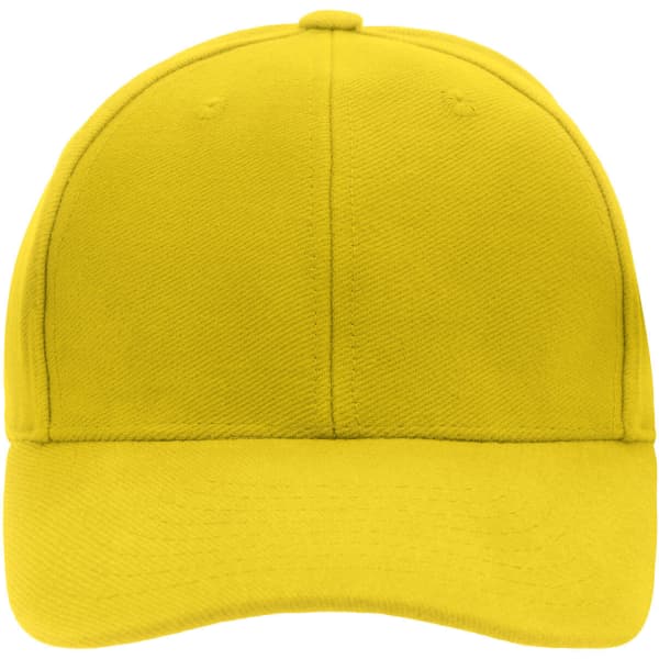 A yellow 6-panel cap with a structured design and a logo on the front.