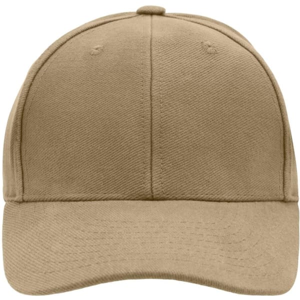A beige 6-panel cap with a structured design and a round crown, featuring a logo on the front.
