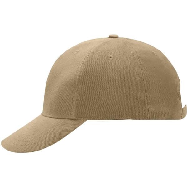 A 6-panel raver cap in tan colour, featuring a curved brim and a logo on the side.