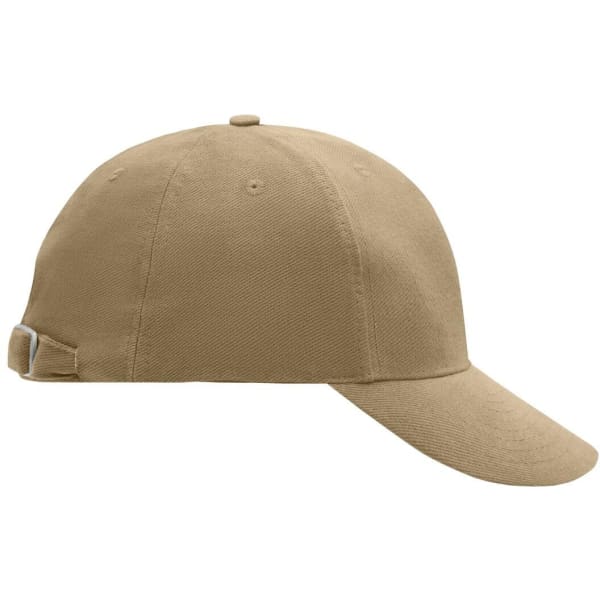 A khaki 6 Panel Raver Cap with a curved brim and an adjustable strap at the back. It features a logo.