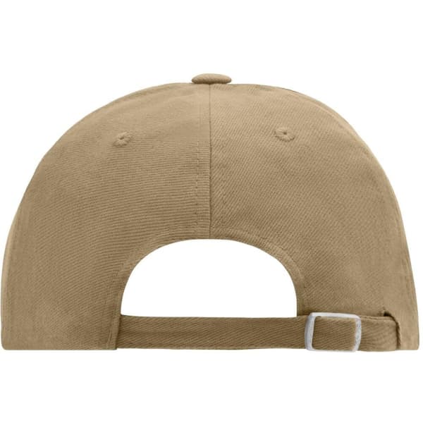 A tan 6 panel cap featuring a back adjustable strap and a logo on the side.