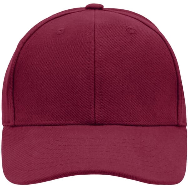 A red 6-panel raver cap with a structured design and a logo on the front.
