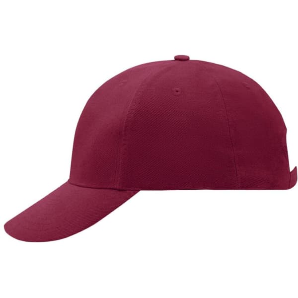 A maroon 6 panel cap with a curved brim and a logo on the front.