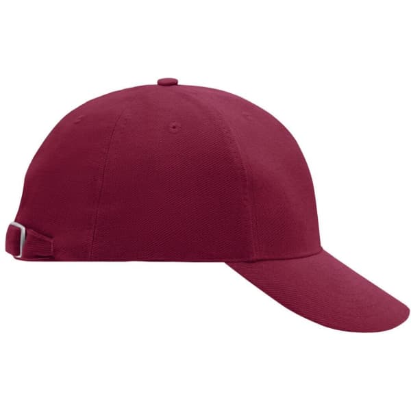 A maroon 6-panel cap with a curved brim and an adjustable strap at the back, featuring a logo.