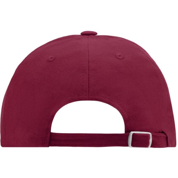 A maroon 6-panel cap featuring a adjustable strap and logo on the back.