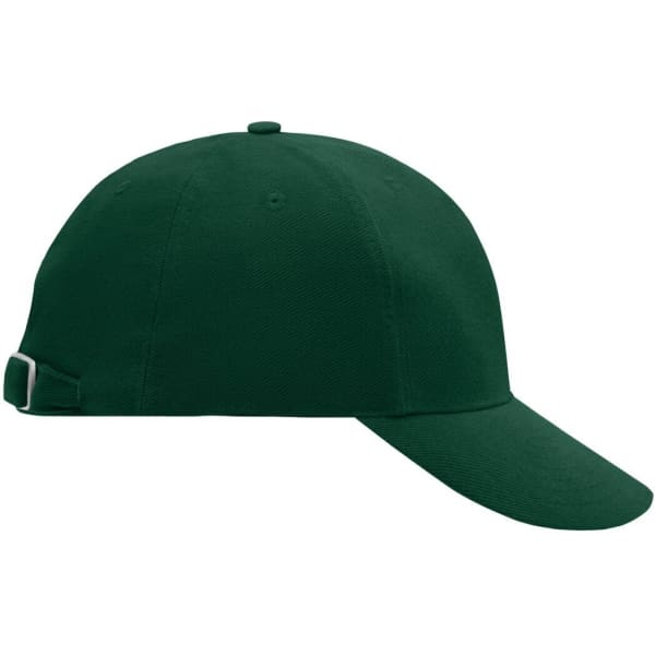 A dark green 6-panel cap with a curved brim and an adjustable strap at the back, featuring a logo.